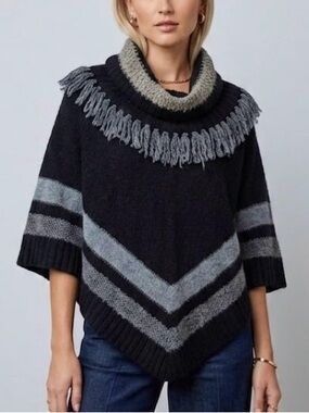 Wool Blend Poncho Sweater Black Striped Nubby Fringe Boho Cowl Neck One Size